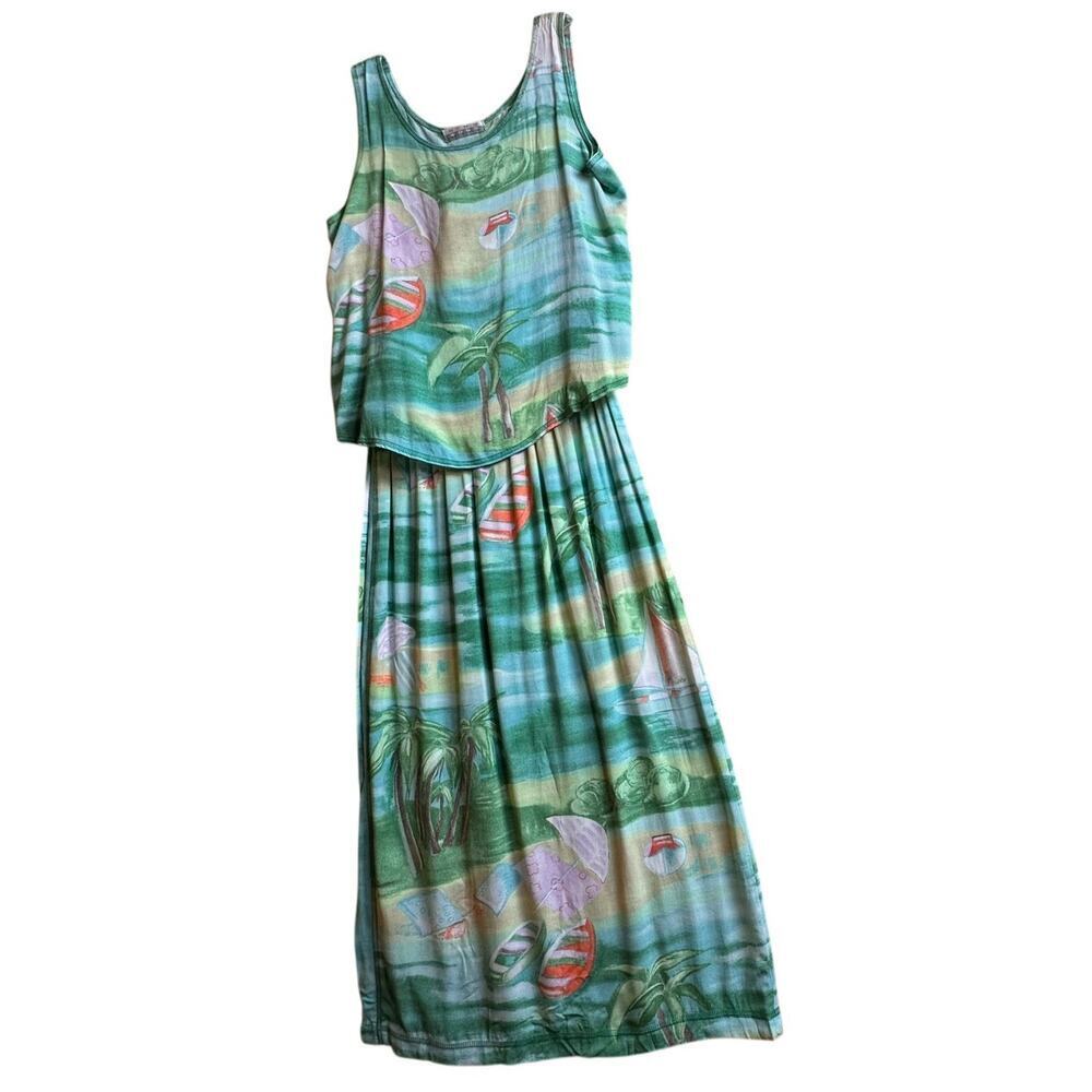 Vtg‎ Tropical Nino Wong CA Women M Button Closure Skirt Watercolor Tank Top Set